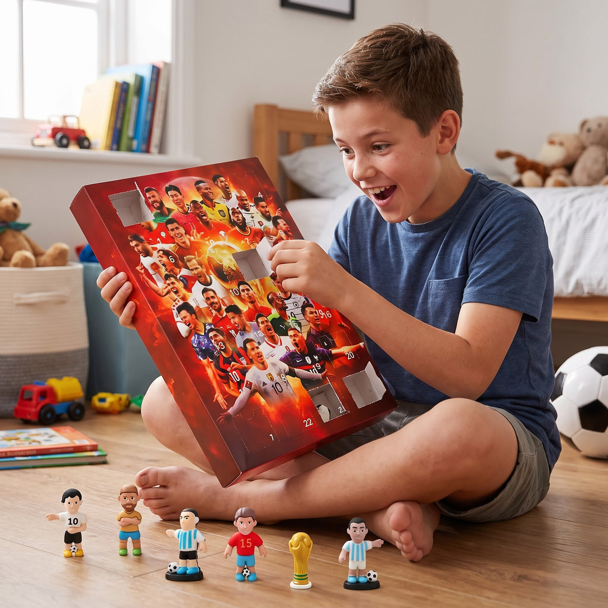 Child opening BootBox Soccer Advent Calendar door