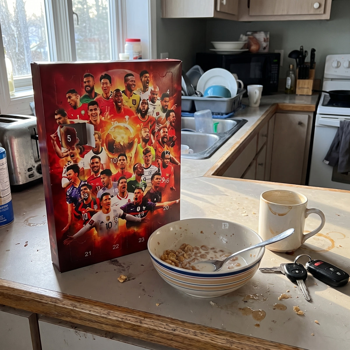 BootBox soccer advent calendar in the kitchen
